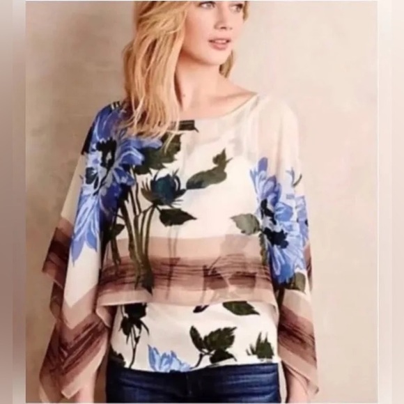 Anthropologie Tiny Abjure Floral Sheer Overlay Cape Sleeve Blouse - Picture 2 of 5